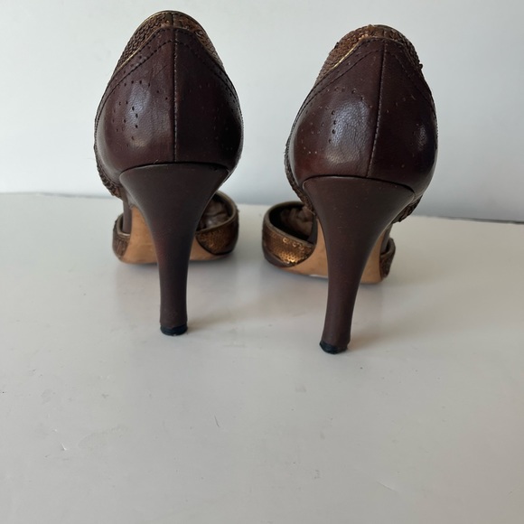 Prada Vintage Brown gold Sequin PeepToe Ankle strap Heels Sz 38 - Picture 4 of 9